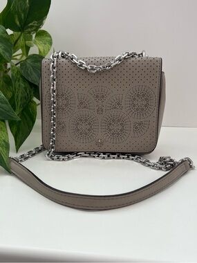 Tory Burch Zoey Mini Laser-Cut Shoulder/Crossbody Bag in French Grey
